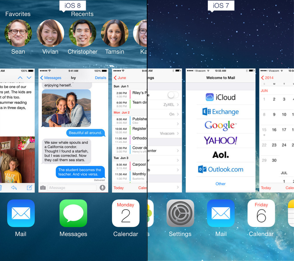 Görsel karşılaştırmalarla iOS 7 vs iOS 8 Çoklu ekranda favori kişiler