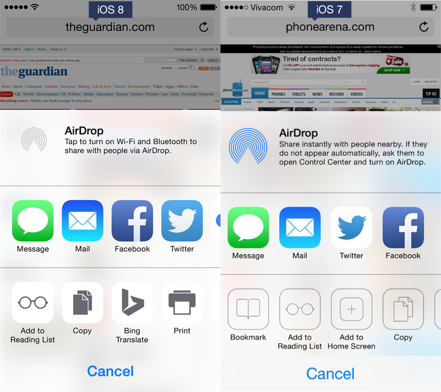Görsel karşılaştırmalarla iOS 7 vs iOS 8 Paylaşma menüsü