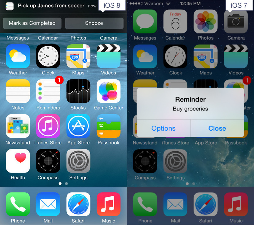 Görsel karşılaştırmalarla iOS 7 vs iOS 8 İnteraktif bildirimler
