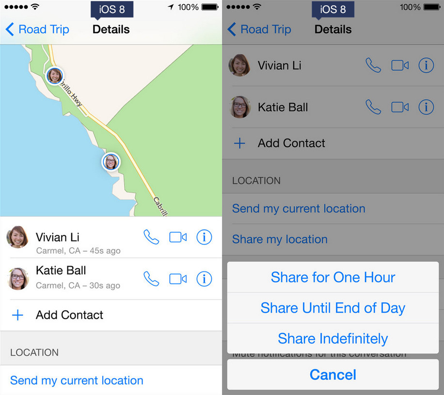 Görsel karşılaştırmalarla iOS 7 vs iOS 8 Chatta konum paylaşma
