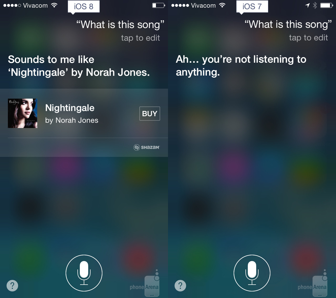 Görsel karşılaştırmalarla iOS 7 vs iOS 8 Siri ve Shazam