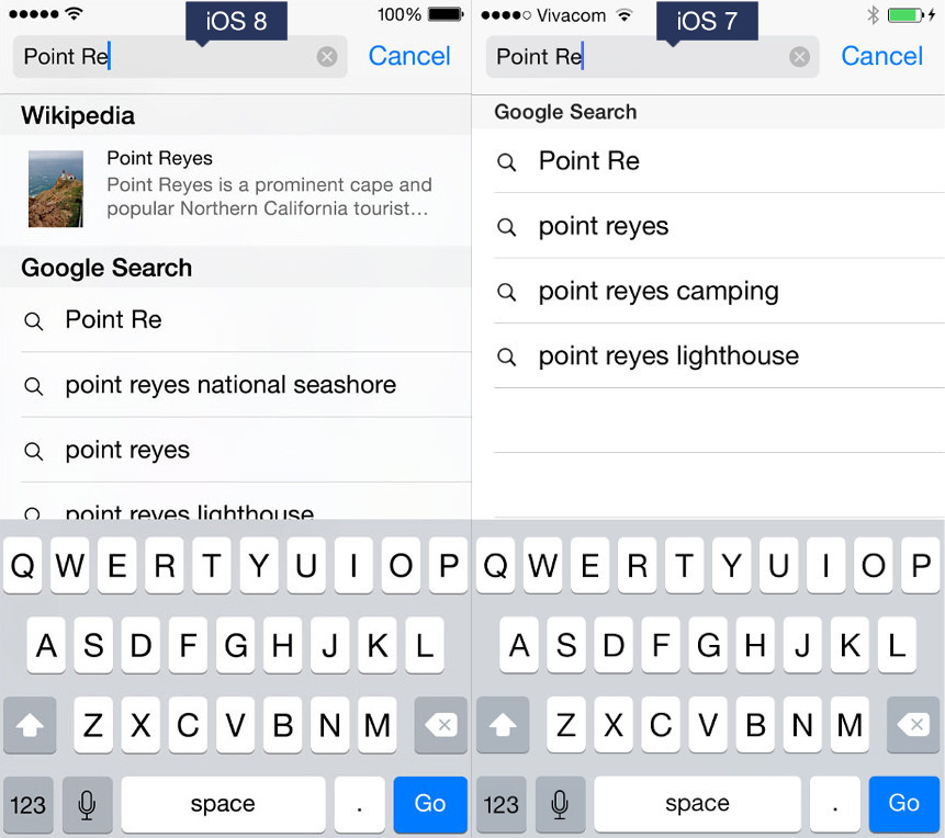 Görsel karşılaştırmalarla iOS 7 vs iOS 8 Safari'de Spotlight araması