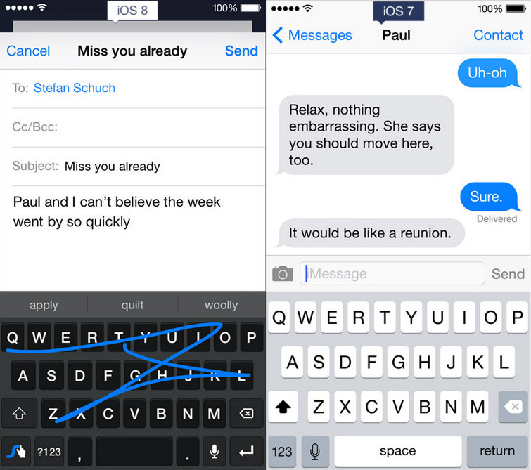 Görsel karşılaştırmalarla iOS 7 vs iOS 8 Üçüncü parti klavye