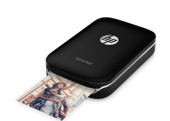 HP Sprocket Photo Printer (Black), Left facing, with output