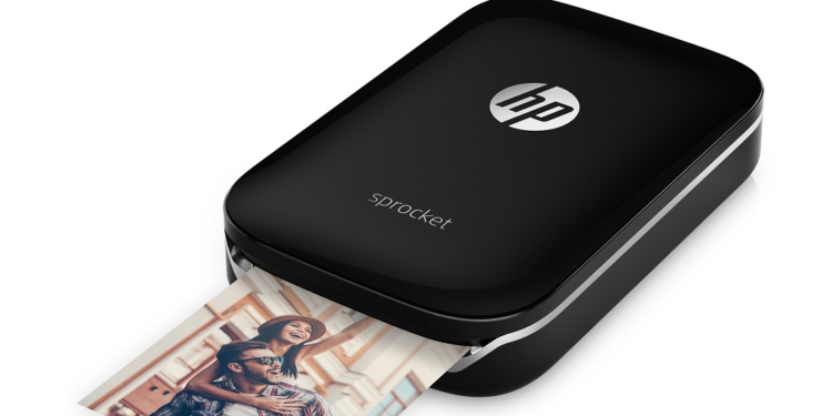 HP Sprocket Photo Printer (Black), Left facing, with output