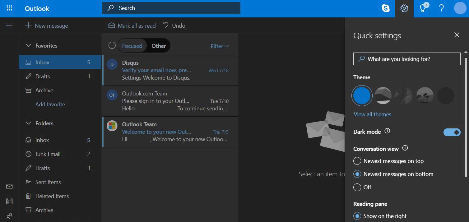 Outlook.com gece modu