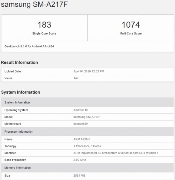 Samsung Galaxy A21s Geekbench