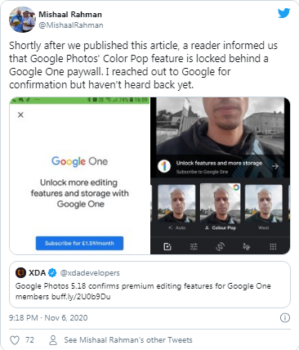 Google Fotoğraflar, ücretli renkli düzenleme özelliği ekliyor