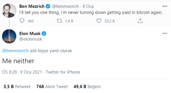 Elon Musk, Bitcoin ile ödeme almak istiyor