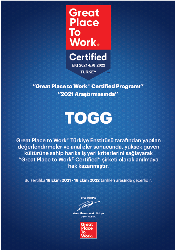 TOGG Great Place to Work Sertifikası Aldı