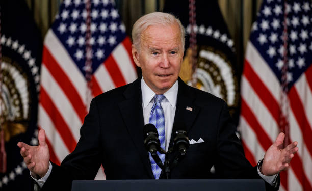 WASHINGTON, DC - NOVEMBER 06: U.S. President Joe Biden speaks during a press conference in the State Dinning Room at the White House on November 6, 2021 in Washington, DC. The President is speaking after his Infrastructure bill was finally passed in the House of Representatives after  negotiations with lawmakers on Capitol Hill went late into the night. (Photo by Samuel Corum/Getty Images)