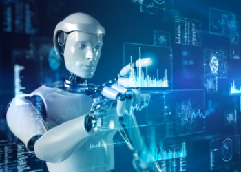Artificial intelligence robot touching futuristic data screen.