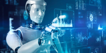 Artificial intelligence robot touching futuristic data screen.
