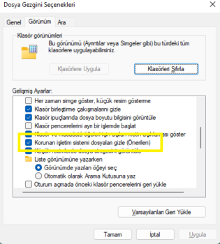 Korunan İşletim Sistemi Dosyaları Gizle