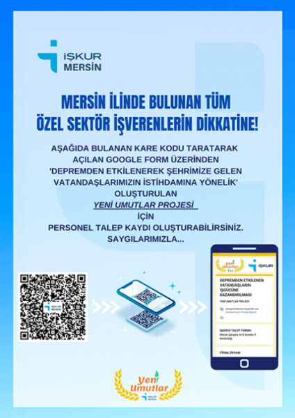 İŞKUR Depremzedeler İçin "Yeni Umutlar" Projesini Hayata Geçirdi! İŞKUR Depremzedeler İçin "Yeni Umutlar" Projesini Hayata Geçirdi!