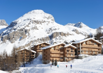 Mountain ski resort with snow in winter, Val-d'Isere, Alps, France