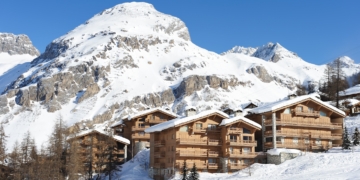 Mountain ski resort with snow in winter, Val-d'Isere, Alps, France