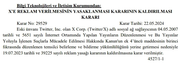 btk twitter x türkiye reklam yasağı kaldırdı