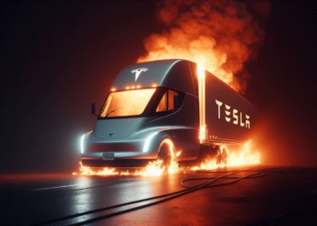 Tesla tır alev alev yandı