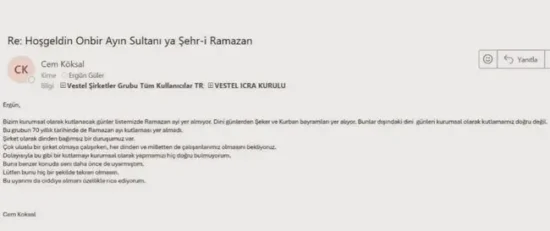 zorlu holding ceo cem köksal mail ramazan