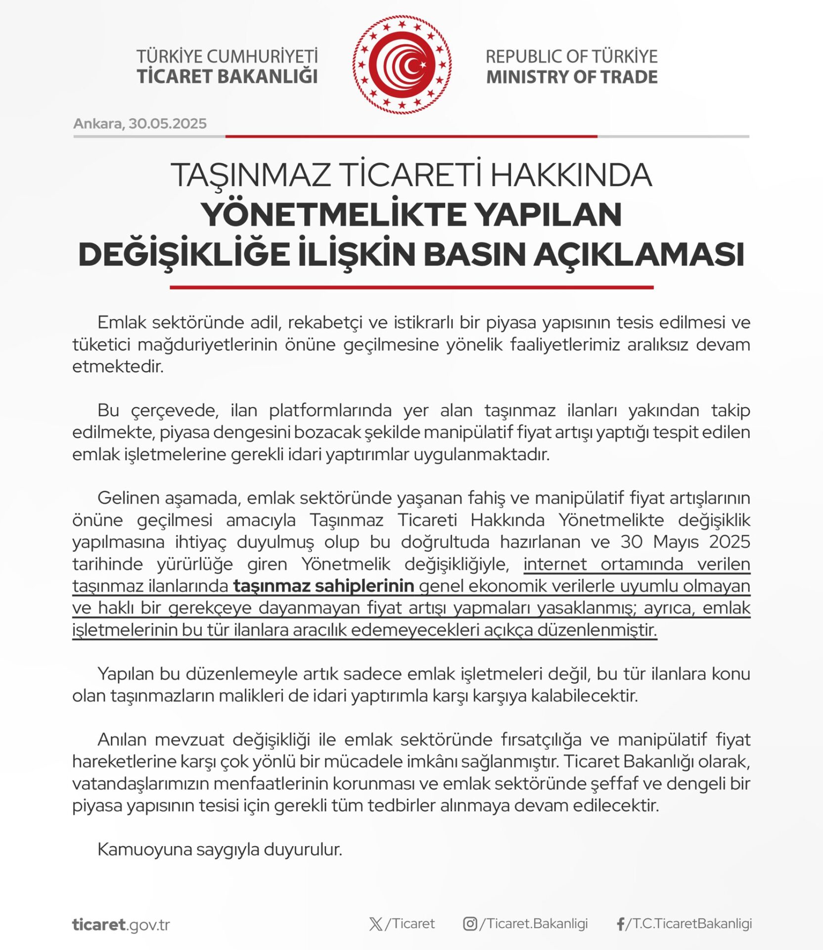 ticaret bakanlığı ev fiyatlarına sınır fahiş fiyat 