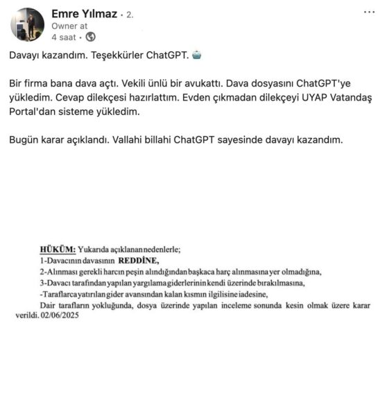 emre yılmaz chatgpt yapay zeka dilekçe davayı kazandı
