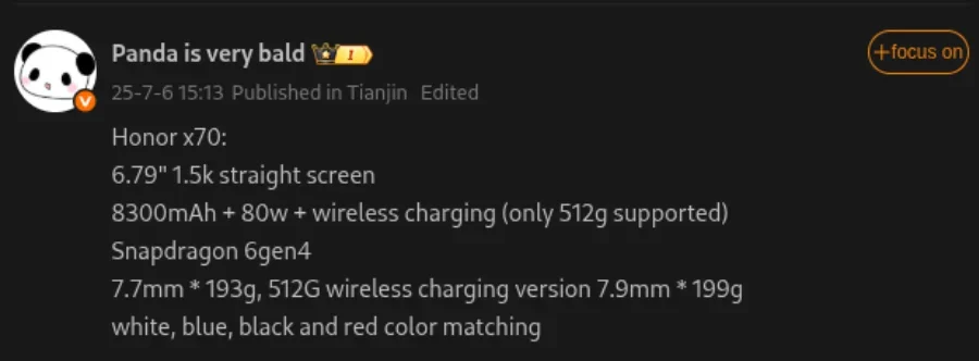Honor X70 pil