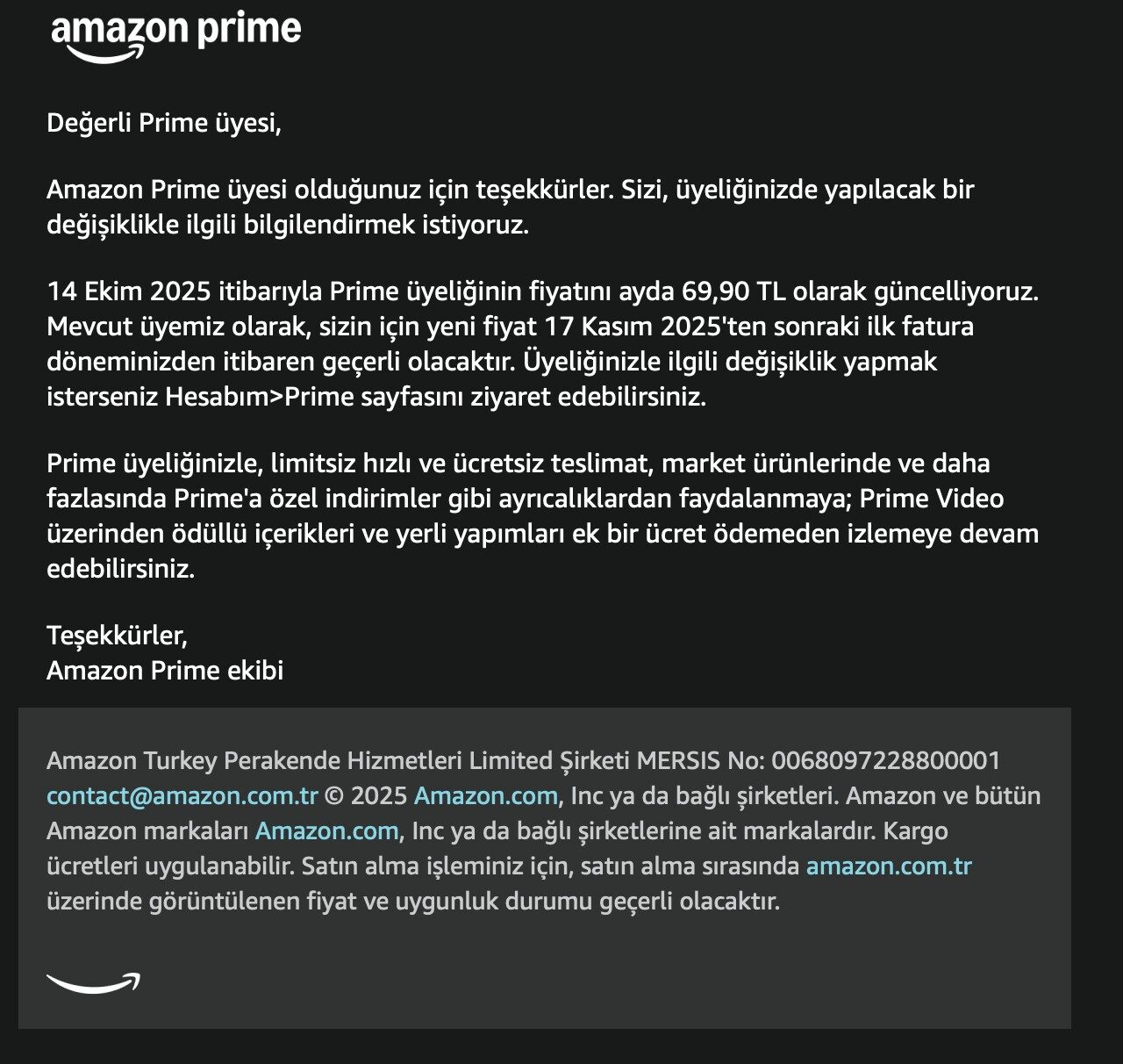amazon prime zam ekim 2025 türkiye