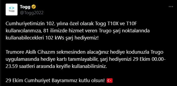 Togg, 29 Ekim hediyesi olarak şarj hediye ediyor! Togg