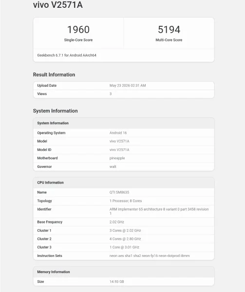 Vivo S60 işlemcisi ortaya çıktı! İşte Geekbench sonucu! #2
